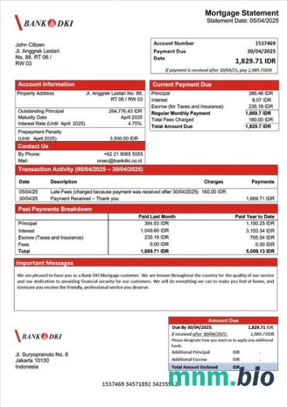 Indonezja Bank DKI wyciąg z kredytu hipotecznego szablon Word i PDF